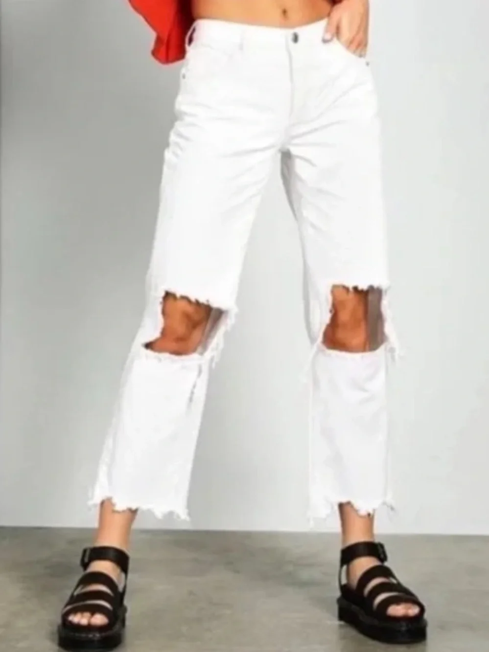 FREE PEOPLE WE THE FREE Maggie Beachy Shredded Distressed White Cropped Jeans